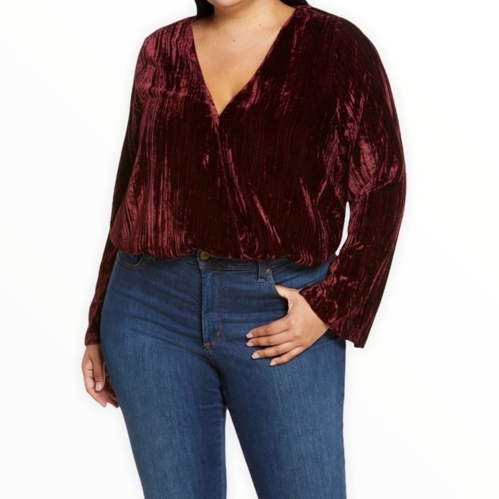 Good American Velvet Wrap Bodysuit Womens XXL 5 Top Deep V Burgundy